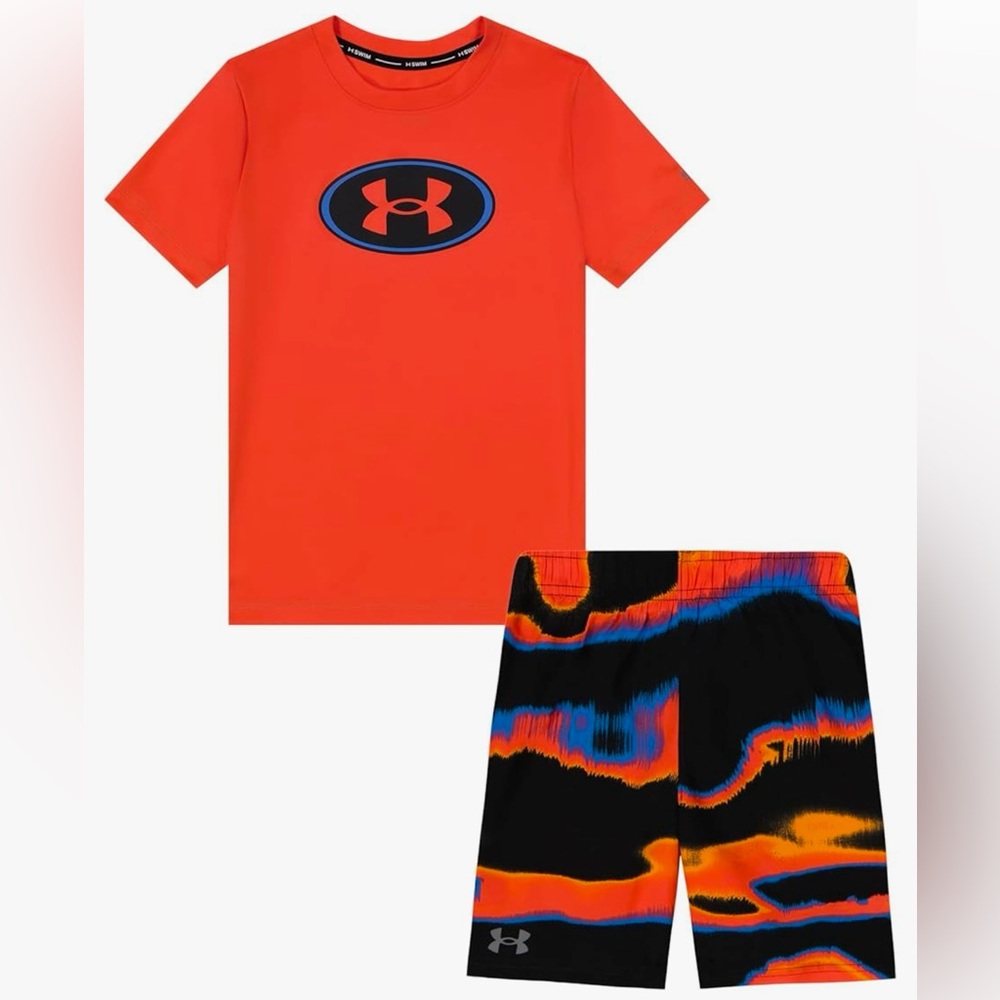 NEW Little Boy Under Armour Neon Orange Rashguard & Swim Trunks Set, Size 4